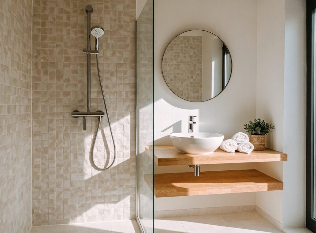 Baño con ducha de obra, mampara de cristal, espejo redondo y toallas dobladas
