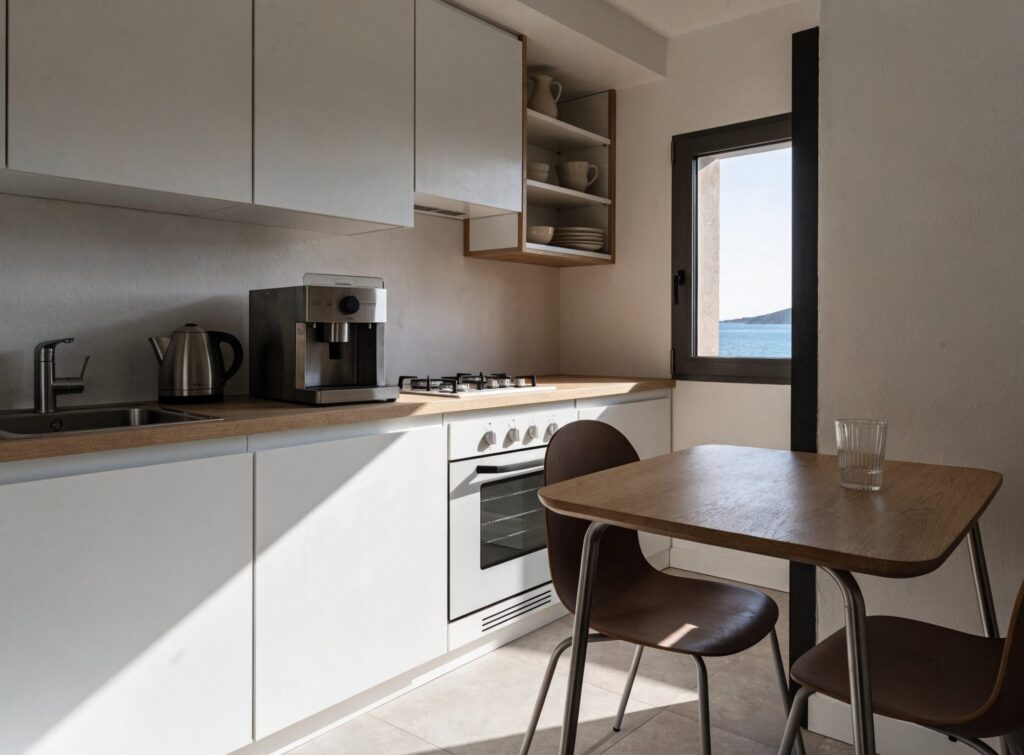 Cocina equipada con horno, vitrocerámica, cafetera y mesa para dos junto a la ventana