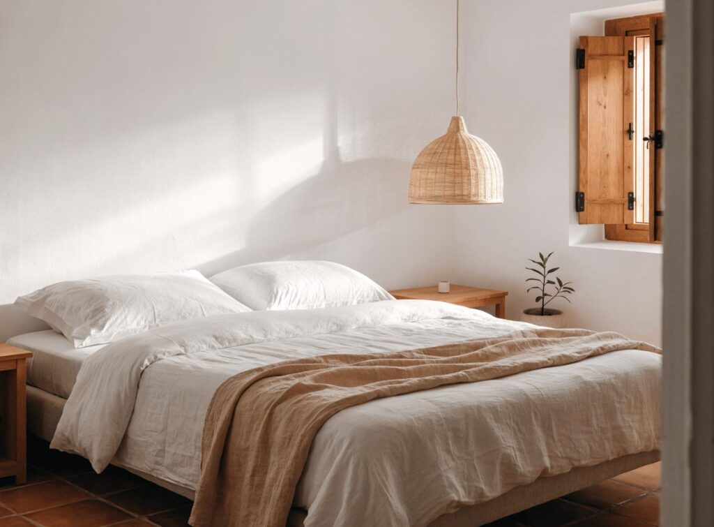Dormitorio principal con cama de matrimonio, ropa de cama blanca y lámpara de mimbre colgante