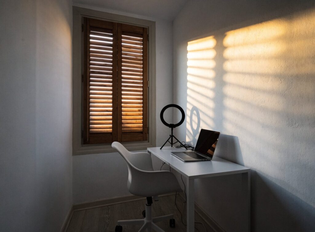 Segundo puesto de trabajo en el dormitorio, con escritorio, portátil y aro de luz junto a una ventana con contraventanas de madera