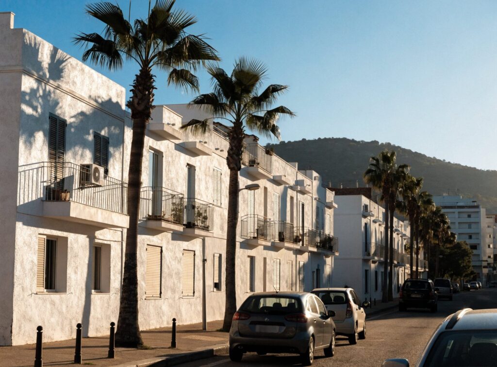 Calle del edificio, con palmeras y fachadas blancas frente al cuartel de la Guardia Civil