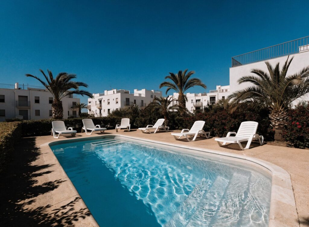 Piscina comunitaria con tumbonas y palmeras, rodeada de edificios blancos