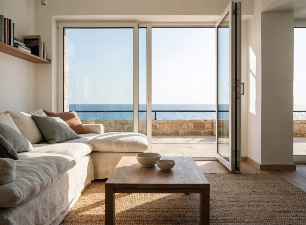 Salón con sofá en tonos claros, mesa baja de madera y ventanal corredero abierto a la terraza con vistas al mar